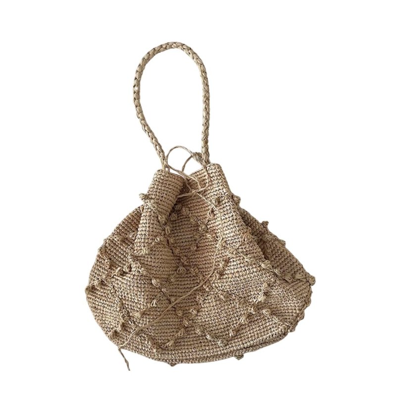 画像2: Raffia Hook Flower Grass Woven Tote Shoulder Drawstring Bag　ラフィアフックフラワーグラス編みトートショルダー巾着かご 籠バッグ (2)