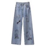 画像1: Unisex Snoopy Graffiti Paint Pint Denim Vintage wash Pants loose straight wide leg jeans 男女兼用 ユニセックス スヌーピー デニム パンツ ジーンズ ヴィンテージウォッシュ フレアパンツ ワイドレッグ  (1)