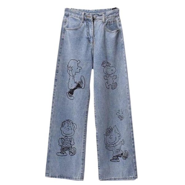 画像1: Unisex Snoopy Graffiti Paint Pint Denim Vintage wash Pants loose straight wide leg jeans 男女兼用 ユニセックス スヌーピー デニム パンツ ジーンズ ヴィンテージウォッシュ フレアパンツ ワイドレッグ  (1)
