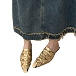 画像7: Women flat gathers bow knot  leather French half slippers mules pointed toe sandals  フラット メタリック フリルギャザー ポインテッドトゥ リボン 4段 蝶結び サンダル ミュール スリッパ  (7)