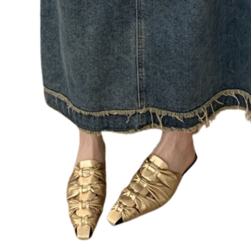 画像7: Women flat gathers bow knot  leather French half slippers mules pointed toe sandals  フラット メタリック フリルギャザー ポインテッドトゥ リボン 4段 蝶結び サンダル ミュール スリッパ  (7)