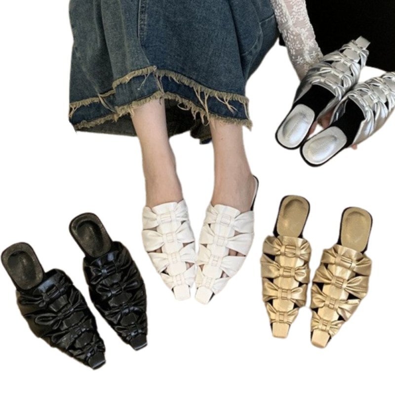 画像2: Women flat gathers bow knot  leather French half slippers mules pointed toe sandals  フラット メタリック フリルギャザー ポインテッドトゥ リボン 4段 蝶結び サンダル ミュール スリッパ  (2)