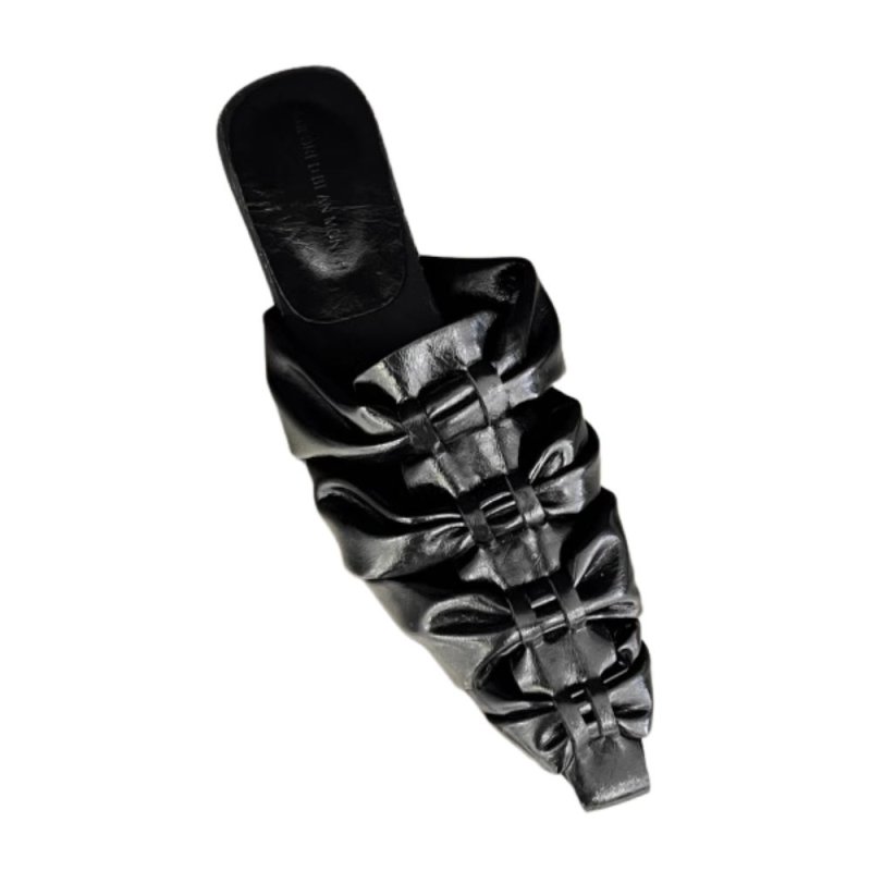 画像4: Women flat gathers bow knot  leather French half slippers mules pointed toe sandals  フラット メタリック フリルギャザー ポインテッドトゥ リボン 4段 蝶結び サンダル ミュール スリッパ  (4)