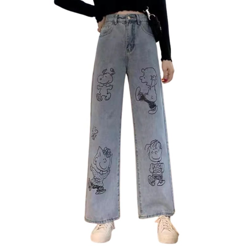 画像2: Unisex Snoopy Graffiti Paint Pint Denim Vintage wash Pants loose straight wide leg jeans 男女兼用 ユニセックス スヌーピー デニム パンツ ジーンズ ヴィンテージウォッシュ フレアパンツ ワイドレッグ  (2)