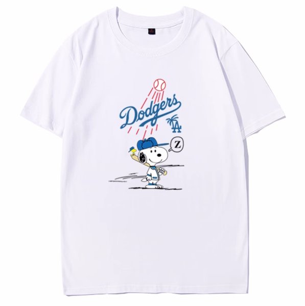 画像1: Unisex LA Dodgers x Baseball Snoopy T-Shirt   LAドジャース×ベースボールスヌーピー  プリント 半袖ラウンドネック Tシャツ ユニセックス 男女兼用 バンドT (1)