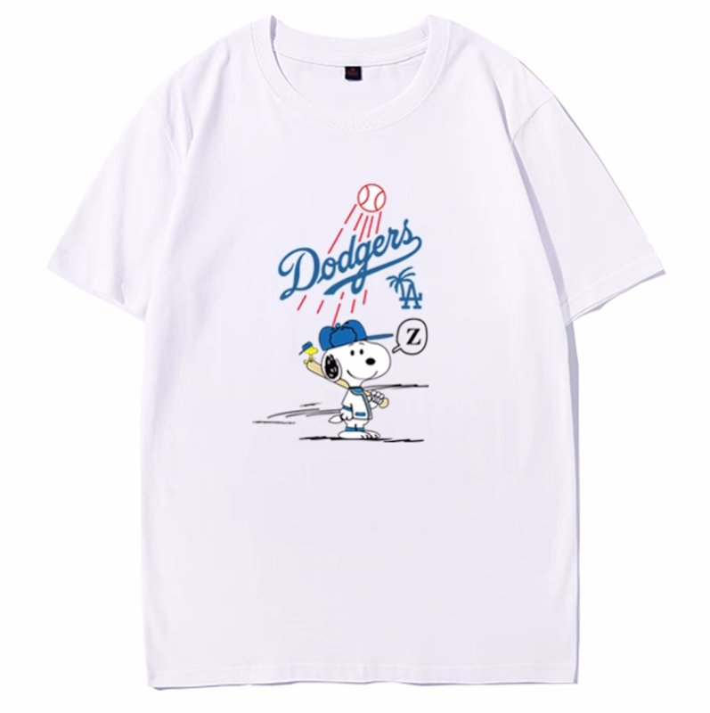 画像1: Unisex LA Dodgers x Baseball Snoopy T-Shirt   LAドジャース×ベースボールスヌーピー  プリント 半袖ラウンドネック Tシャツ ユニセックス 男女兼用 バンドT (1)