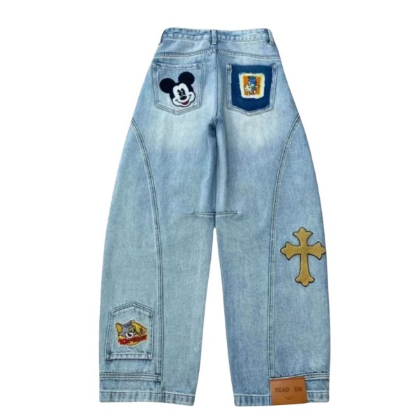 画像1: Unisex Vintage Wash barrel wide leg Denim pants Tom and Jerry Mickey patchJeans ユニセックス 男女兼用  逆さデザイン ヴィンテージウォッシュ トムとジェリー ミッキー ワッペン付きバレルレッグ デニム パンツ ジーンズ (1)
