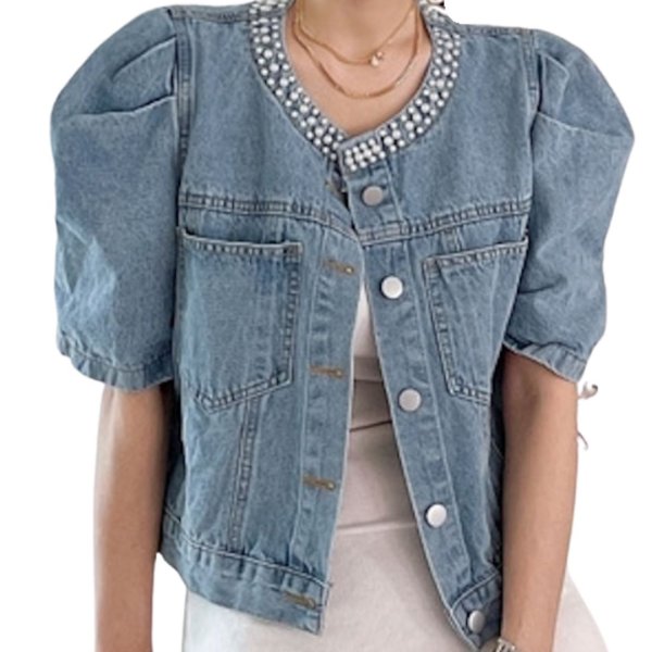 画像1: Women's Puff gathered sleeve pearl denim jacket outer 　パフギャザースリーブパール付き デニムジャケットジャケットアウター (1)