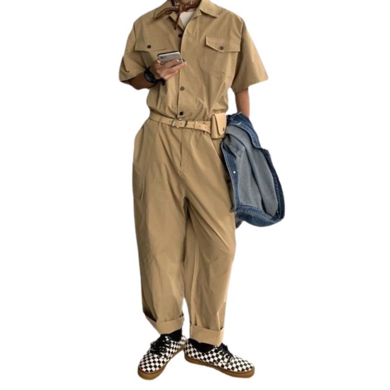 画像4: Unisex Cotton short-sleeved military cargo Jumpsuit overalls ユニセックス コットン 半袖 ミリタリー カーゴ オーバーオール つなぎ ジャンプスーツ (4)