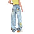 画像2: Unisex Vintage Wash barrel wide leg Denim pants Tom and Jerry Mickey patchJeans ユニセックス 男女兼用  逆さデザイン ヴィンテージウォッシュ トムとジェリー ミッキー ワッペン付きバレルレッグ デニム パンツ ジーンズ (2)
