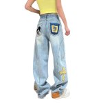 画像2: Unisex Vintage Wash barrel wide leg Denim pants Tom and Jerry Mickey patchJeans ユニセックス 男女兼用  逆さデザイン ヴィンテージウォッシュ トムとジェリー ミッキー ワッペン付きバレルレッグ デニム パンツ ジーンズ (2)