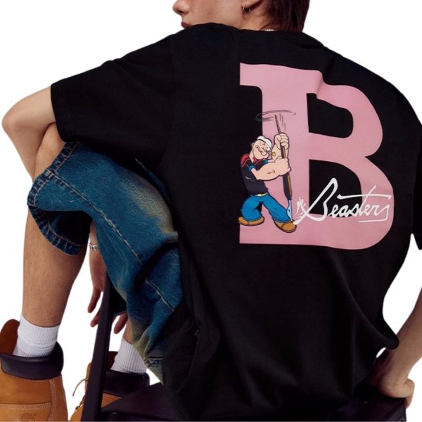画像1: Unisex Popeye BEASTER poppy print T-Shirt   ポパイビースター プリント 半袖ラウンドネック Tシャツ ユニセックス 男女兼用 バンドT (1)