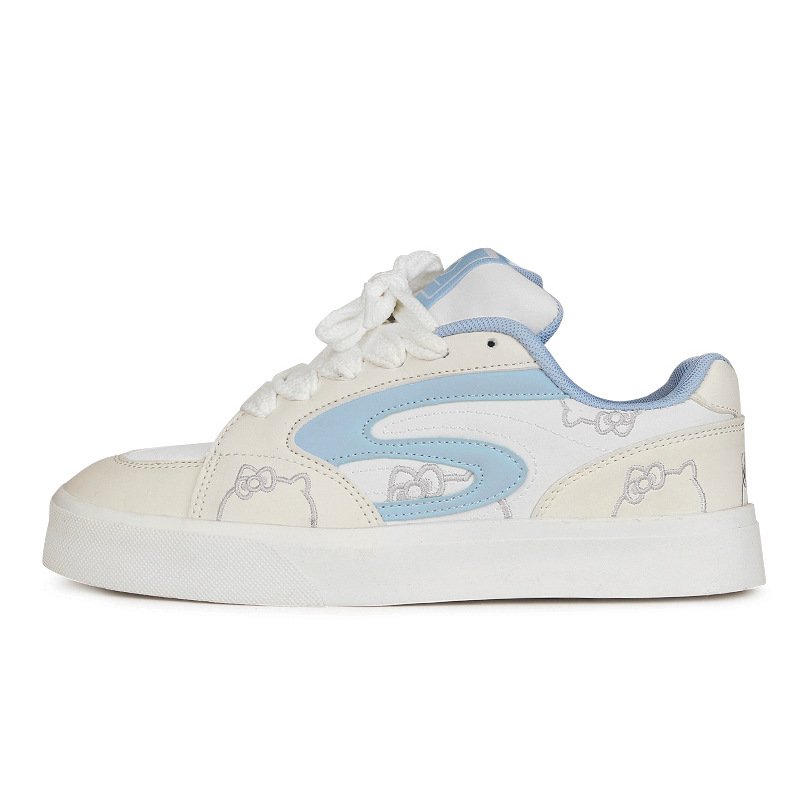 画像1: Kitty Embroidered Leather Lace-up Sneakers Shoes　ユニセックス 男女兼用キティー猫刺繍レザーレースアップスニーカー (1)