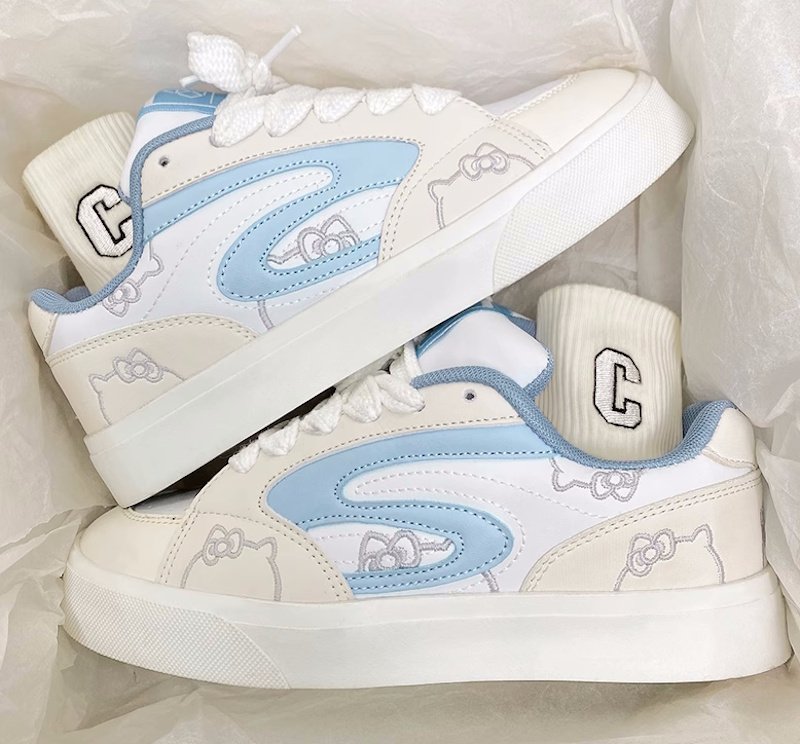 画像5: Kitty Embroidered Leather Lace-up Sneakers Shoes　ユニセックス 男女兼用キティー猫刺繍レザーレースアップスニーカー (5)