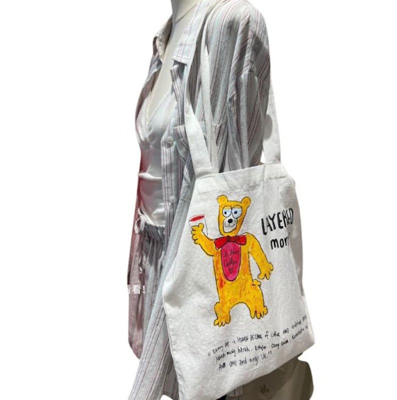 画像2: Coffee bear design canvas tote shoulder eco shopping bag コーヒーベアデザイン トートショルダーエコショッピングけバッグ (2)