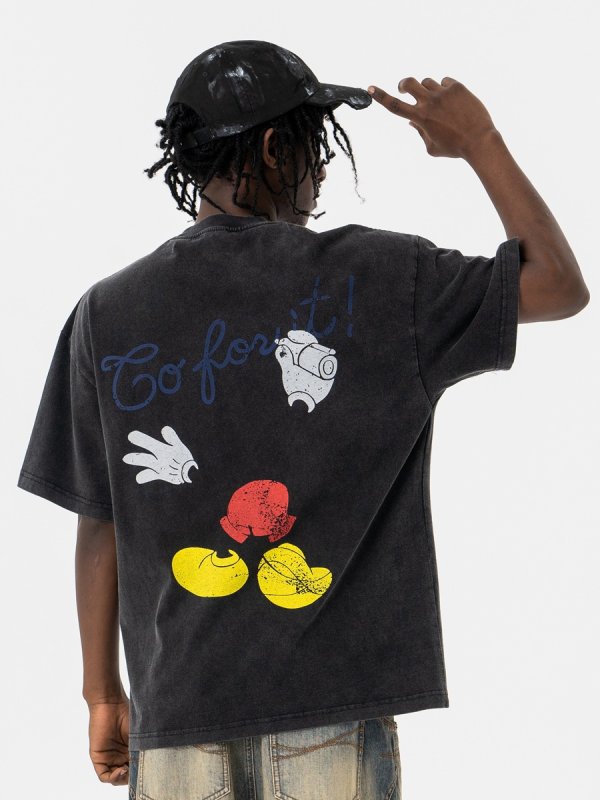 画像4: Unisex Question Mark & ​​Back Mickey Print Short Sleeve Heavy Wash Print T-Shirt  　クエスチョンマーク＆バック ミッキープリント 半袖 ヘビーウォッシュプリント 半袖ラウンドネック Tシャツ ユニセックス 男女兼用 (4)