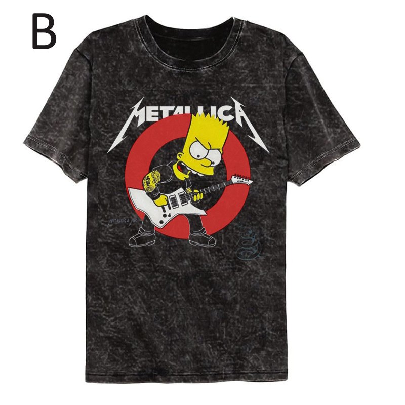 Unisex The Simpsons ×ACDC rock cartoon washed Vintage styleT