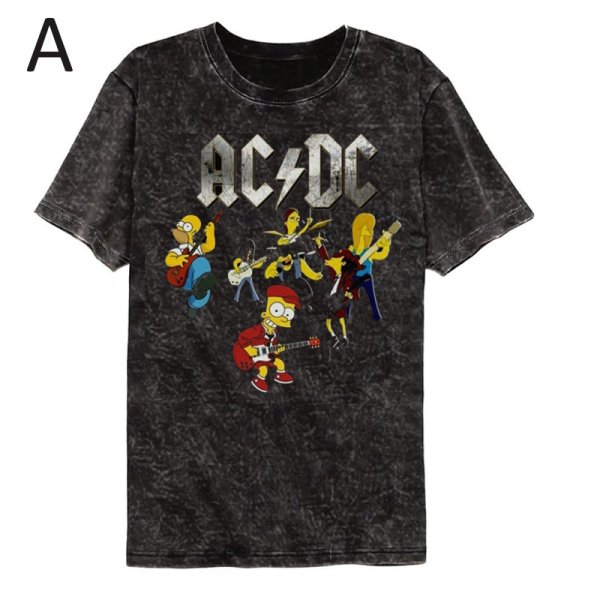 画像1: Unisex The Simpsons ×ACDC rock cartoon washed Vintage styleT-Shirt  　シンプソンズ × AC/DC ロック カートゥーン ウォッシュド ヴィンテージスタイルプリント 半袖ラウンドネックバンド Tシャツ ユニセックス 男女兼用 (1)