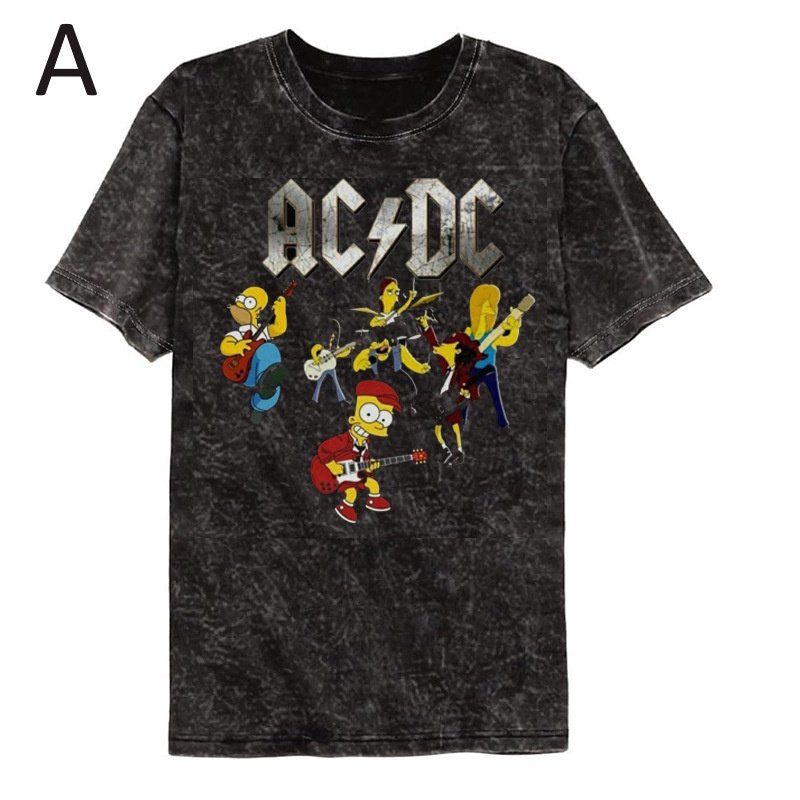 画像1: Unisex The Simpsons ×ACDC rock cartoon washed Vintage styleT-Shirt  シンプソンズ × AC/DC ロック バンドT カートゥーン ウォッシュド ヴィンテージスタイルプリント 半袖ラウンドネックバンド Tシャツ ユニセックス 男女兼用 (1)