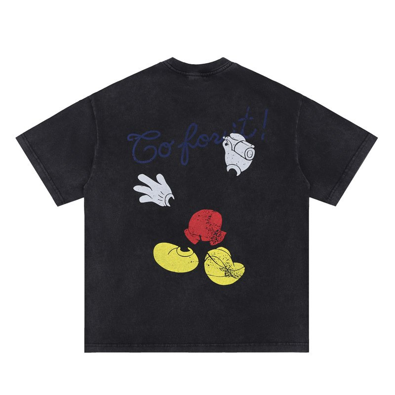 画像3: Unisex Question Mark & ​​Back Mickey Print Short Sleeve Heavy Wash Print T-Shirt  　クエスチョンマーク＆バック ミッキープリント 半袖 ヘビーウォッシュプリント 半袖ラウンドネック Tシャツ ユニセックス 男女兼用 (3)