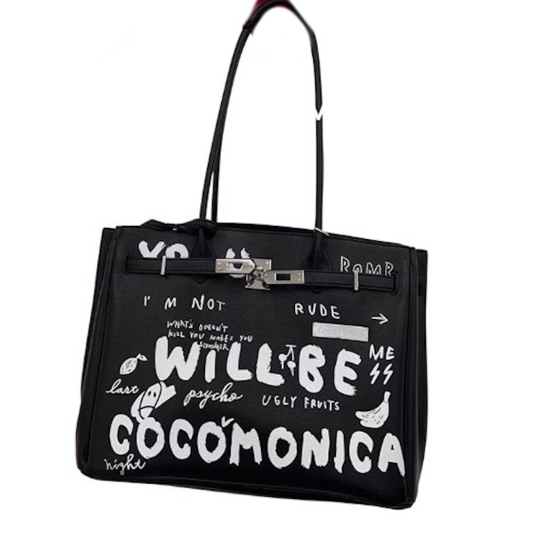 画像2: Long Handle Leather Graffiti Graphic & Logo Platinum  Large Capacity Tote Shoulder Bag 　ロングハンドルレザー落書きグラフィック&ロゴプラチナラージキャパシティートートショルダーバッグ (2)