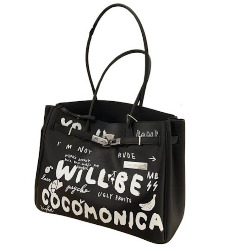 画像3: Long Handle Leather Graffiti Graphic & Logo Platinum  Large Capacity Tote Shoulder Bag 　ロングハンドルレザー落書きグラフィック&ロゴプラチナラージキャパシティートートショルダーバッグ (3)