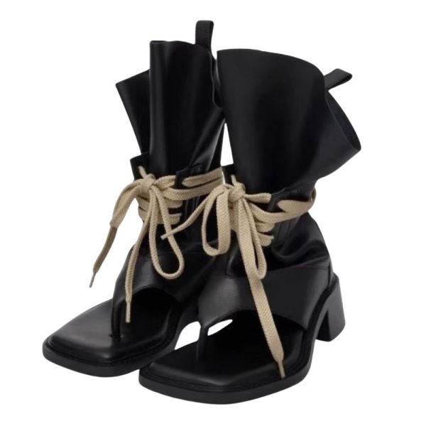 画像1: Flat straps short boots Japanese Ninja tabi shoes elastic sandal boots フラットストラップショート足袋 忍者ブーツ フラット本革レザー サンダルブーツ  (1)