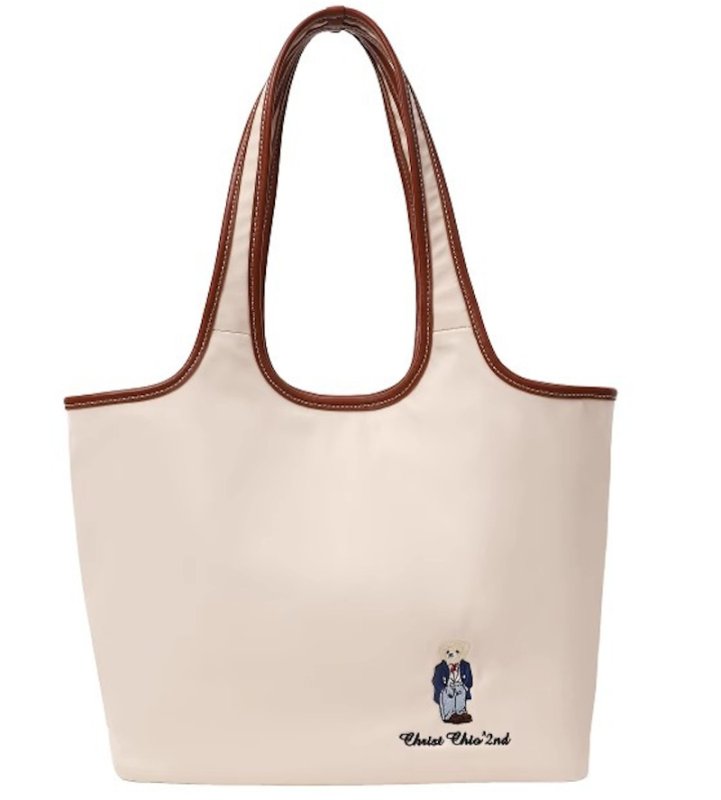 画像1: One-point bear embroidery nylon tote shoulder underarm eco shopping bag　ワンポイントベア刺繍ナイロントートショルダーアンダーアームエコショッピングバッグ 韓国 (1)