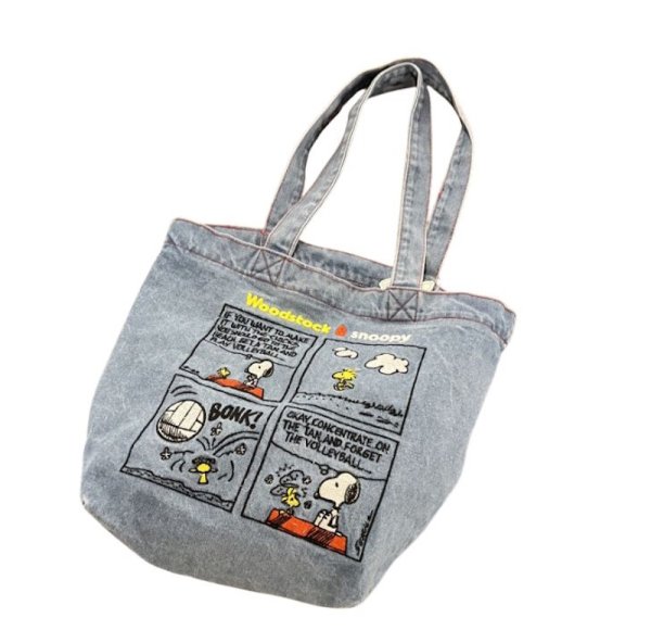画像1: Snoopy embroidered denim tote shoulder bag shopping bag　スヌーピー刺繍デニムトートショルダーバッグ韓国 (1)