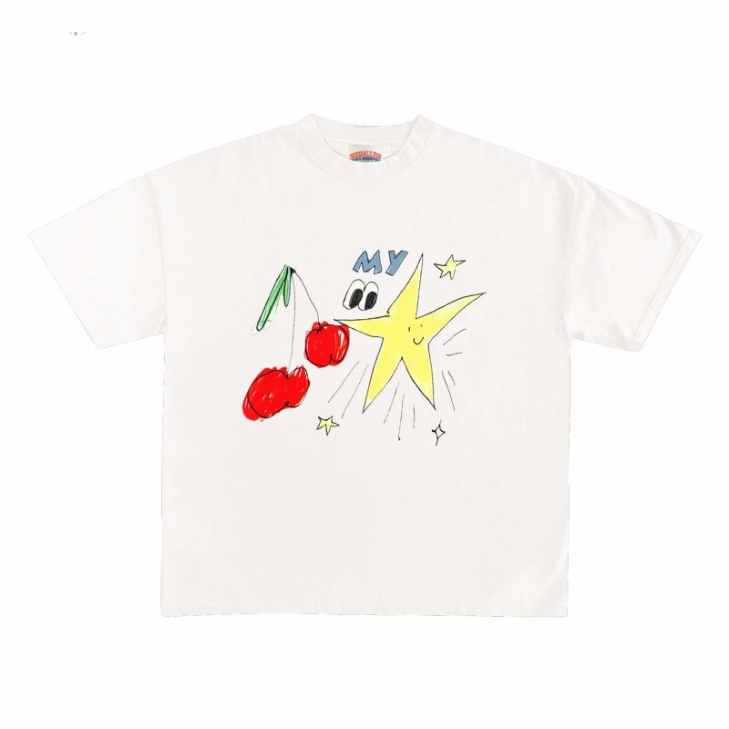 画像3: Unisex Cherry & Star & Eyeball Handwritten Print  T-shirt　 男女兼用 ユニセックスチェリー&スター&目玉アイボール手書き風プリント半袖Tシャツ (3)