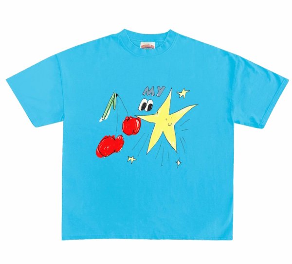 画像1: Unisex Cherry & Star & Eyeball Handwritten Print  T-shirt　 男女兼用 ユニセックスチェリー&スター&目玉アイボール手書き風プリント半袖Tシャツ (1)