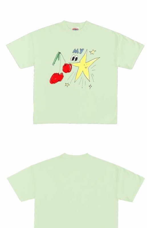 画像4: Unisex Cherry & Star & Eyeball Handwritten Print  T-shirt　 男女兼用 ユニセックスチェリー&スター&目玉アイボール手書き風プリント半袖Tシャツ (4)