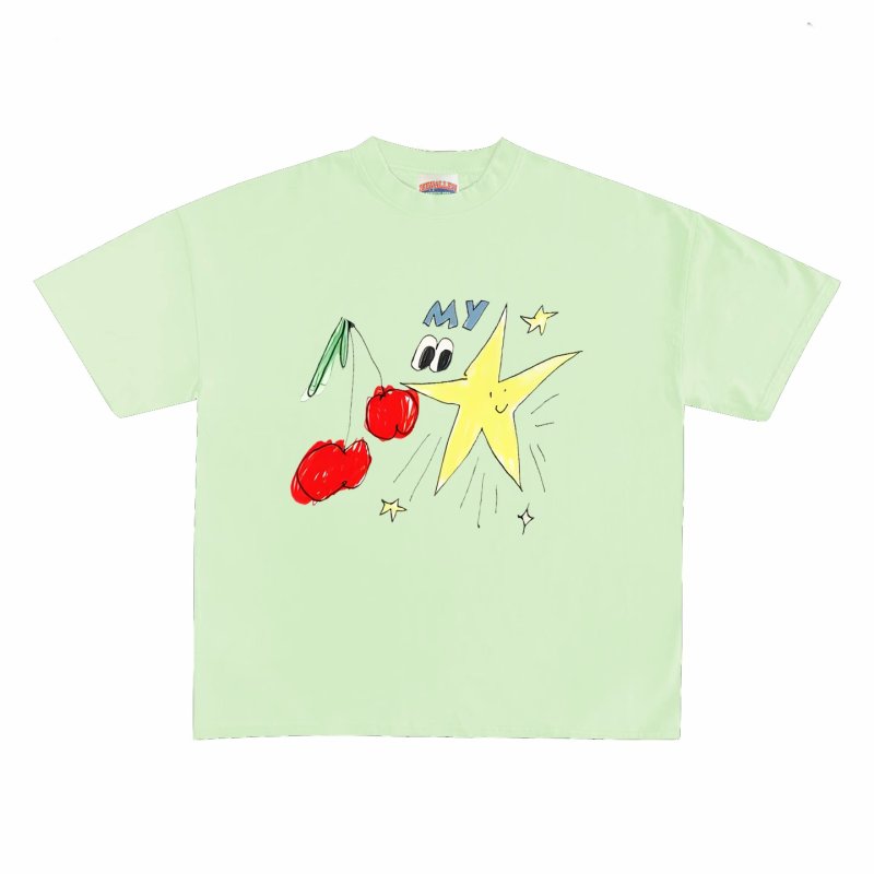 画像2: Unisex Cherry & Star & Eyeball Handwritten Print  T-shirt　 男女兼用 ユニセックスチェリー&スター&目玉アイボール手書き風プリント半袖Tシャツ (2)