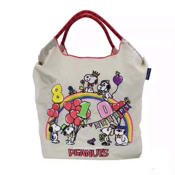 画像1: Peanuts Snoopy & Woodstock embroidery tote shoulder eco shopping bag　ピーナッツスヌーピー&ウッドストック刺繍 トートショルダーエコショッピングバッグ (1)