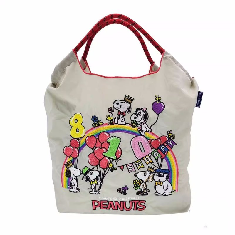 画像1: Peanuts Snoopy & Woodstock embroidery tote shoulder eco shopping bag　ピーナッツスヌーピー&ウッドストック刺繍 トートショルダーエコショッピングバッグ (1)