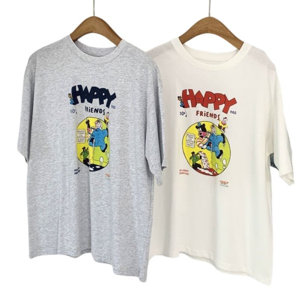画像1: unisex Happy American Comic Print Short Sleeve T-Shirt  ハッピーアメリカンコミックビンテージスタイルプリント半袖ラウンドネック Tシャツ ユニセックス 男女兼用 (1)