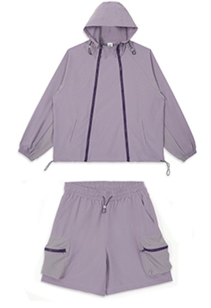 画像1: Double zipper outdoor breathable loose fit sun protection sports suit set up ダブルジップサンプロテクト長袖フーディ＆ショートパンツセットアップスーツ (1)