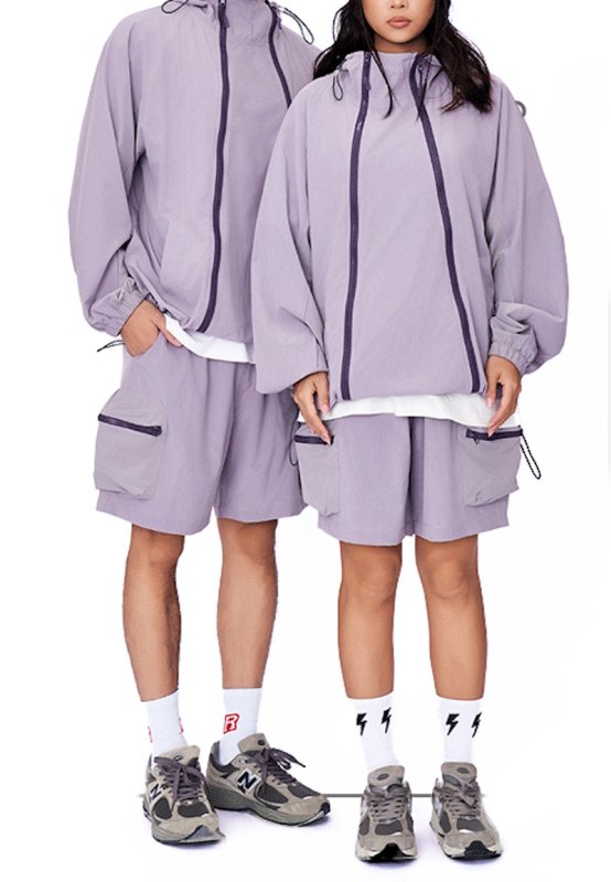 画像5: Double zipper outdoor breathable loose fit sun protection sports suit set up ダブルジップサンプロテクト長袖フーディ＆ショートパンツセットアップスーツ (5)