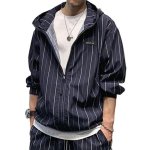 画像2: Striped hooded long sleeve zip-up jacket and short pants  set up ストライプ長袖フーディ＆ショートパンツセットアップスーツ (2)