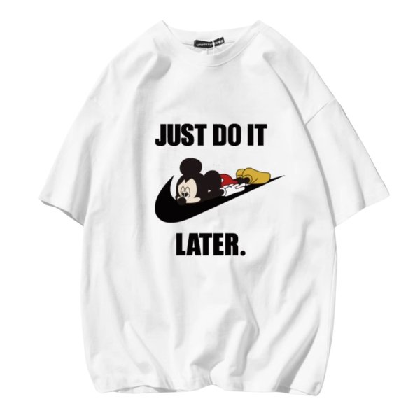 画像1: Unisex Mickey JUST DO IT LATER logo Print T-shirt ユニセックス 男女兼用 ペア ミッキー プリント 半袖 Tシャツ (1)
