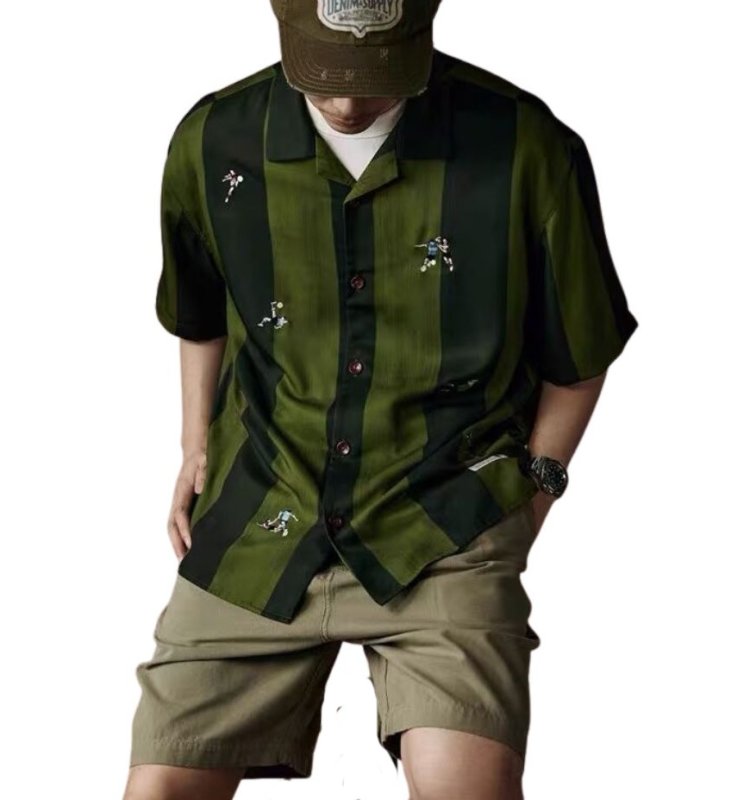 画像2:  Unisex Embroidered striped short sleeve shirt　男女兼用 ユニセックスレトロ刺繍ストライプ半袖シャツ (2)