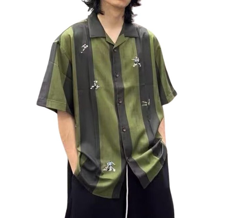 画像3:  Unisex Embroidered striped short sleeve shirt　男女兼用 ユニセックスレトロ刺繍ストライプ半袖シャツ (3)