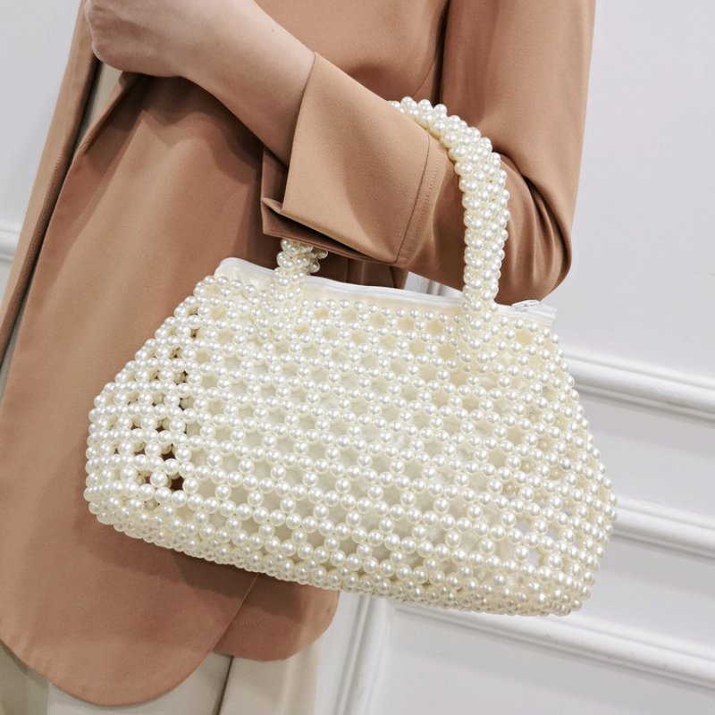 画像2: Custom-made retro pearl woven tote bag カスタムメイド レトロ パール プラスチック ビーズ 編み込み 真珠トートバッグ (2)