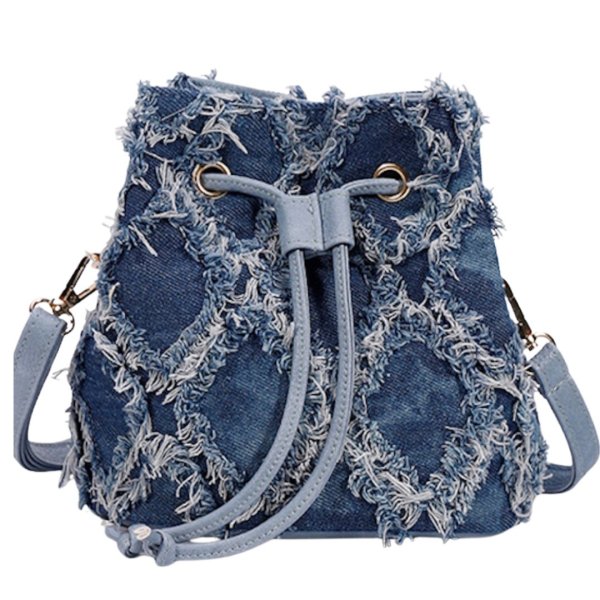 画像1: Denim fringe bucket tote shoulder pochette bag　 デニムフリンジバケットトートショルダーポシェットバッグ (1)