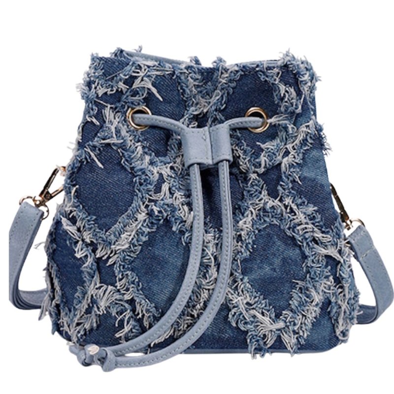 画像1: Denim fringe bucket tote shoulder pochette bag　 デニムフリンジバケットトートショルダーポシェットバッグ (1)