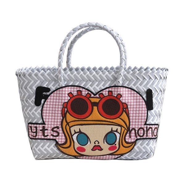 画像1: Molly Pop Mart embroidery PP basket tote bag  　モーリ―ポップマート刺繍籠かごトートバッグ (1)