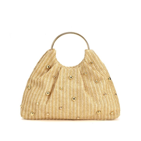 画像1: Studded metal handle straw basket tote bag 　スタッズ付きメタルハンドル籠かごトートバッグ (1)