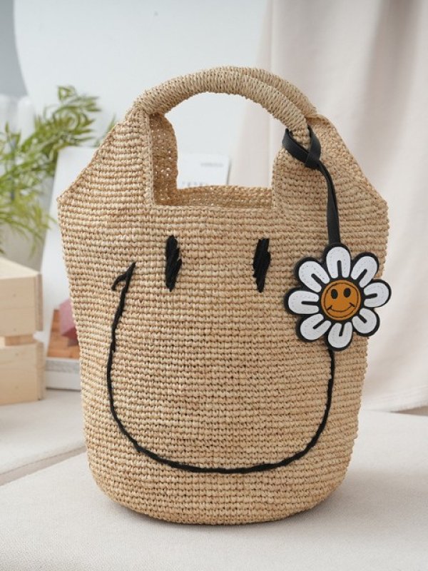 画像5: Smiley face embroidered tote basket bag　スマイリーフェイス刺繍トートかご籠バッグ (5)