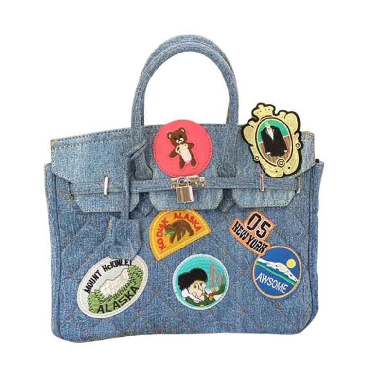 画像1: Pop emblem quilted denim Tote Shoulder 2WAY Art BK bag  ポップエンブレム付きデニムキルティングトートショルダー2WAYバッグ BKバッグ アート (1)