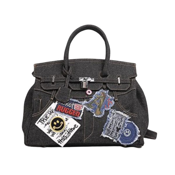 画像1: Smile emblem denim Tote Shoulder 2WAY Art BK bag  ポップ エンブレム スマイル ワッペン付き デニムトートショルダー BKバッグ アート (1)